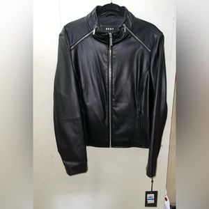 BNWT - DKNY XL Leather jacket with zippers on neckline